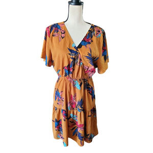 Shein Gold & Blue Floral Cross-Over Front Short Sleeve Ruffle Dress XL or 12